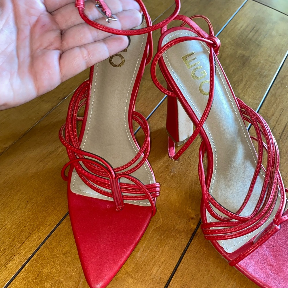 Pointed-Open Toe Strappy Red Block Chunk Heel - image 3